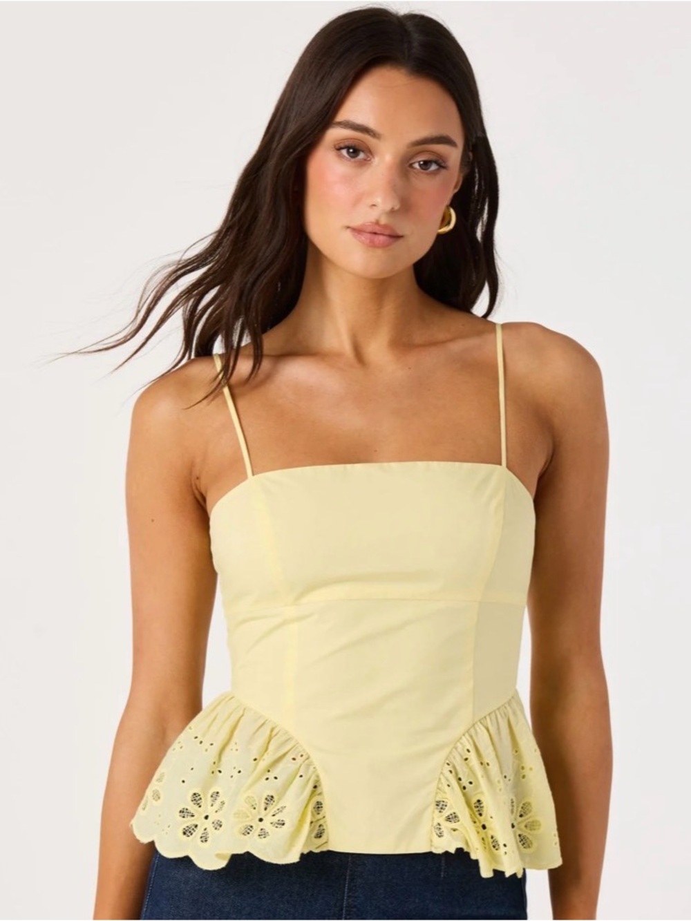 Astr Yellow Teale Eyelet Scalloped Peplum Cropped Top XS